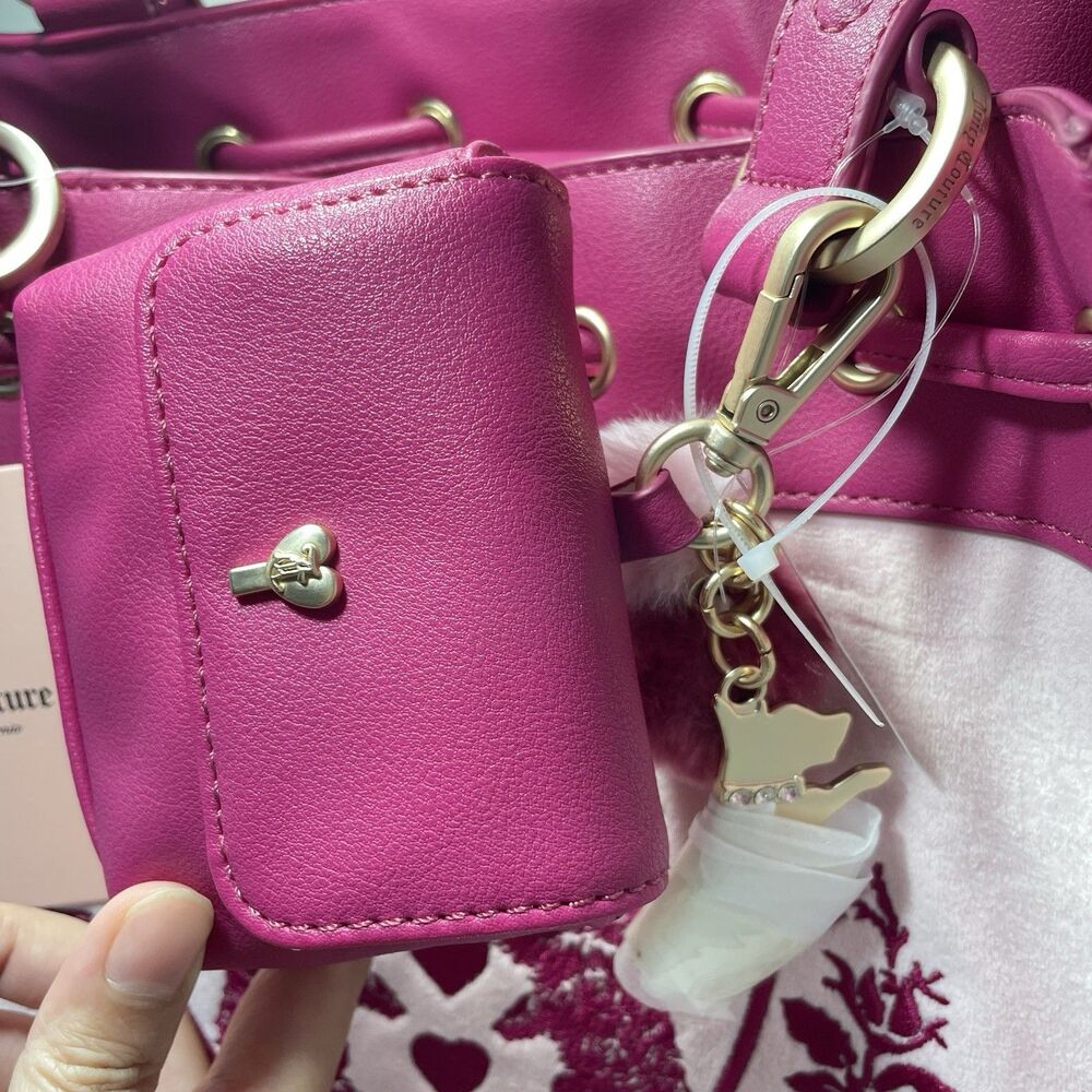 New Juicy Couture Scottish Dogs Tote Velvet Crest Drawstring Tote Handbag Charm - Picture 3 of 9